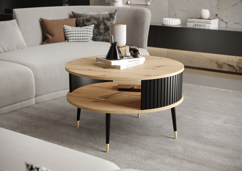 Stolik kawowy okrągły MOONDAY LUXORY - Dąb Artisan/Lamele Czarne