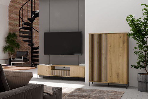 Szafka RTV z lamelami MISEL 164 cm - Dąb Artisan/Czarny