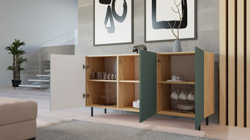 Komoda z ryflowanymi frontami ORON 3D SLIM 150cm - Dąb Artisan/Zielony