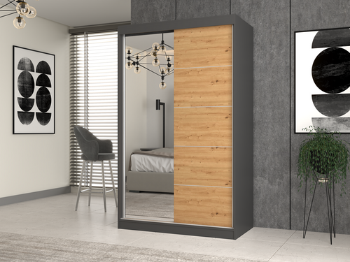 Szafa Przesuwna Dwudrzwiowa z Lustrem i Szprosami GAIKO 1LS 120CM - Antracyt/Dąb Artisan