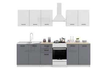 Zestaw mebli kuchennych CUCINA 38 - Akryl Szary połysk/ Akryl Biały połysk/ blat Dąb Sonoma - 200 cm