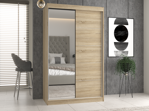 Szafa Przesuwna Dwudrzwiowa z Lustrem i Szprosami GAIKO 1LS 120CM - Dąb Sonoma