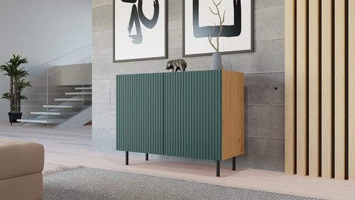 Komoda z ryflowanymi frontami ORON SLIM - Dąb Artisan/Zieleń