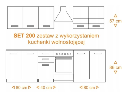 Zestaw mebli kuchennych CUCINA 32 - Biały połysk/ blat Dąb Sonoma - 200 cm
