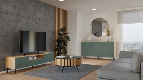 Komoda z ryflowanymi frontami ORON 3D SLIM 150cm - Dąb Artisan/Zielony