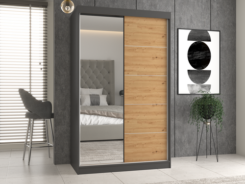 Szafa Przesuwna Dwudrzwiowa z Lustrem i Szprosami GAIKO 1LS 120CM - Antracyt/Dąb Artisan