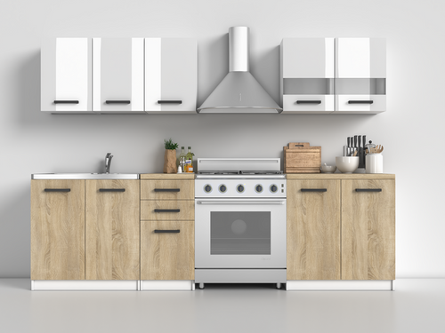 Zestaw mebli kuchennych CUCINA 32 - Biały połysk/ Dąb Sonoma/ blat Dąb Sonoma - 200 cm