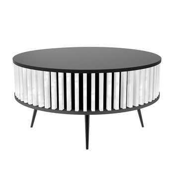 Stolik kawowy okrągły SUNDAY - Czarny blat / Lamele Biel Połysk