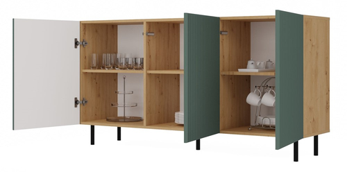 Komoda z ryflowanymi frontami ORON 3D SLIM 150cm - Dąb Artisan/Zielony