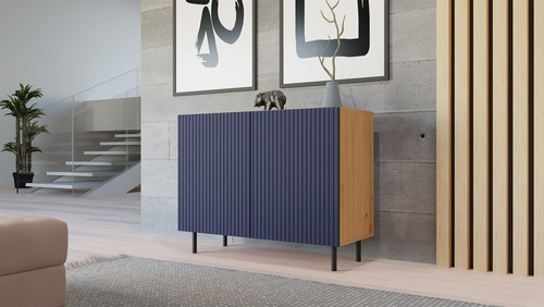 Komoda z ryflowanymi frontami ORON SLIM - Dąb Artisan/Granatowy