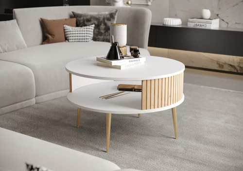 Stolik kawowy okrągły MOONDAY GOLD - Biały/Lamele Dąb Artisan