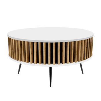 Stolik kawowy okrągły SUNDAY - Biały blat / Lamele Dąb Wotan