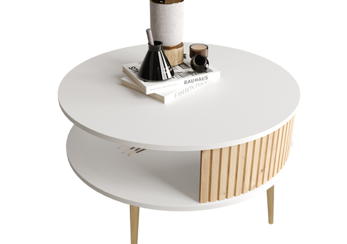 Stolik kawowy okrągły MOONDAY GOLD - Biały/Lamele Dąb Artisan