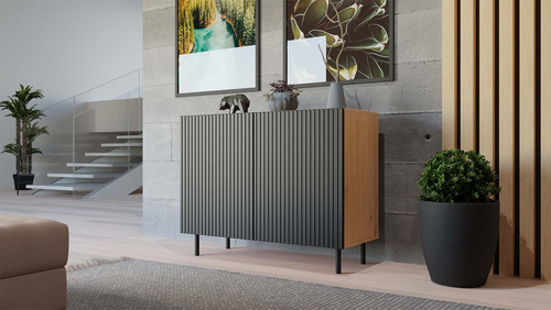 Komoda z ryflowanymi frontami ORON SLIM - Dąb Artisan/Czerń Mat