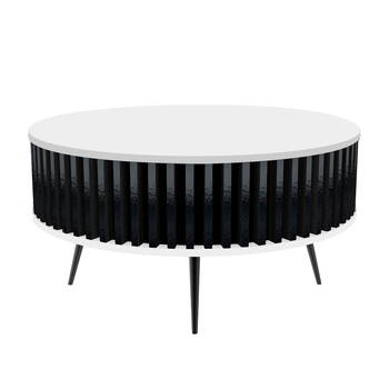 Stolik kawowy okrągły SUNDAY - Biały blat / Lamele Czarny Połysk