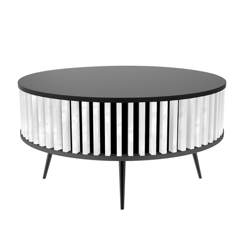 Stolik kawowy okrągły SUNDAY - Czarny blat / Lamele Biel Połysk 