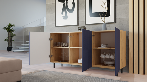 Komoda z ryflowanymi frontami ORON 3D 4X 150cm - Dąb Artisan/Granatowy