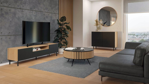 Komoda z ryflowanymi frontami ORON SLIM - Dąb Artisan/Czerń Mat