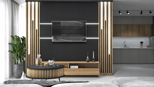 Stolik kawowy okrągły SUNDAY - Czarny blat / Lamele Dąb Wotan