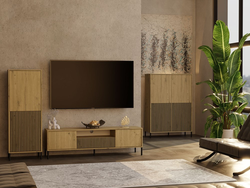 Szafka RTV z lamelami MISEL 164 cm - Dąb Artisan/Czarny