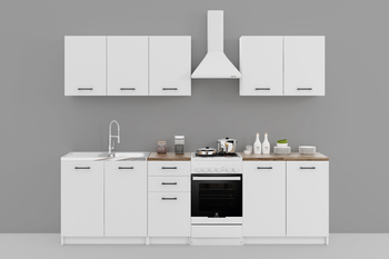 Zestaw mebli kuchennych CUCINA 38 - Biały mat/ blat Dąb Porterhouse Ciemny - 200 cm