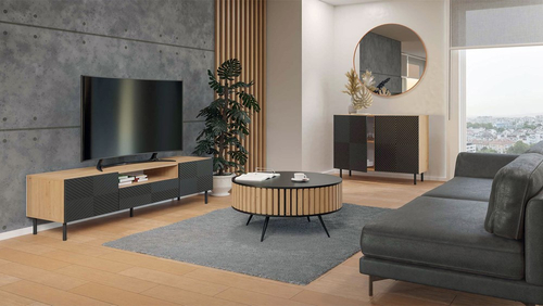 Komoda z ryflowanymi frontami ORON 4X - Dąb Artisan/Czerń Mat