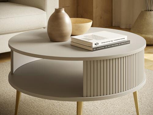 Stolik kawowy okrągły MOONDAY GOLD 76cm - Kaszmir/Lamele Kaszmir Nóżki złote