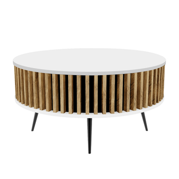 Stolik kawowy okrągły SUNDAY - Biały blat / Lamele Dąb Lancelot