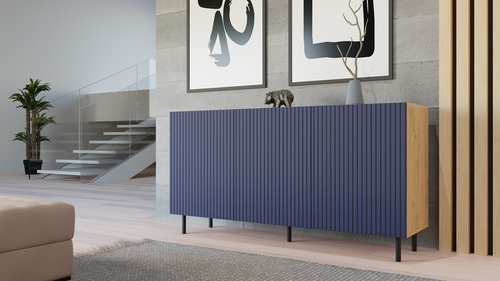 Komoda z ryflowanymi frontami ORON 3D SLIM 150cm - Dąb Artisan/Granatowy
