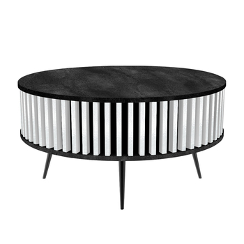 Stolik kawowy okrągły SUNDAY - Blat Beton Czarny / Lamele Biały Połysk