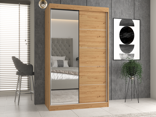 Szafa Przesuwna Dwudrzwiowa z Lustrem i Szprosami GAIKO 1LS 120CM - Dąb Artisan