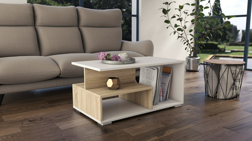 Stolik kawowy ława GANBIS - Biel / Dąb Sonoma