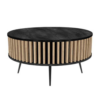 Stolik kawowy okrągły SUNDAY - Blat Beton Czarny / Lamele Dąb Fornitury