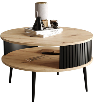 Stolik kawowy okrągły MOONDAY - Dąb Artisan/Lamele Czarne