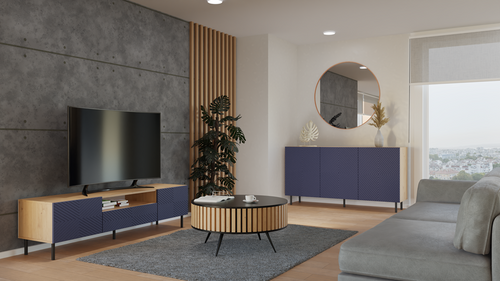 Komoda z ryflowanymi frontami ORON 3D 4X 150cm - Dąb Artisan/Granatowy