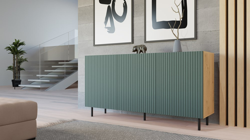 Komoda z ryflowanymi frontami ORON 3D SLIM 150cm - Dąb Artisan/Zielony