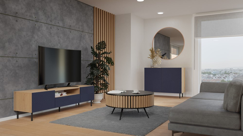 Komoda z ryflowanymi frontami ORON 4X - Dąb Artisan/Granatowy