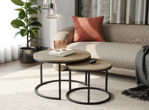 Zestaw dwóch okrągłych stolików kawowych MJU MIDI 70/50cm - Dąb Cremona