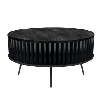 Stolik kawowy okrągły SUNDAY - Blat Beton Czarny / Lamele Czarny Połysk