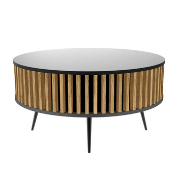 Stolik kawowy okrągły SUNDAY - Czarny blat / Lamele Dąb Wotan