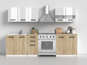 Zestaw mebli kuchennych CUCINA 32 - Biały połysk/ Dąb Sonoma/ blat Dąb Sonoma - 200 cm