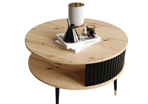 Stolik kawowy okrągły MOONDAY LUXORY - Dąb Artisan/Lamele Czarne