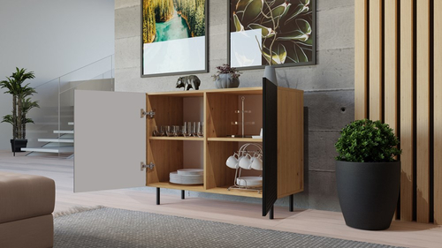 Komoda z ryflowanymi frontami ORON SLIM - Dąb Artisan/Czerń Mat