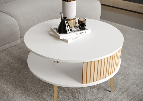 Stolik kawowy okrągły MOONDAY GOLD - Biały/Lamele Dąb Artisan