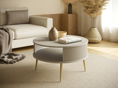 Stolik kawowy okrągły MOONDAY GOLD 76cm - Kaszmir/Lamele Kaszmir Nóżki złote