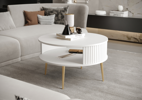 Stolik kawowy okrągły MOONDAY GOLD - Biały/Lamele Białe