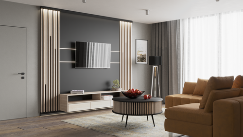 Stolik kawowy okrągły SUNDAY - Biały blat / Lamele Czarne