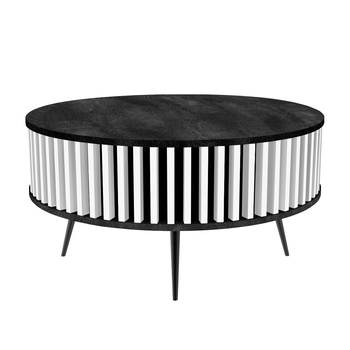 Stolik kawowy okrągły SUNDAY - Blat Beton Czarny / Lamele Białe